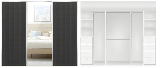 3-Door Charred oak and Mirror Built-in Wardrobe