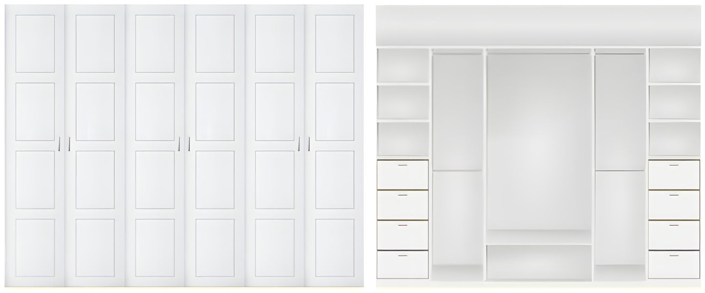 6 door Polyurethane hinged door wardrobe (4 panel door Layout)